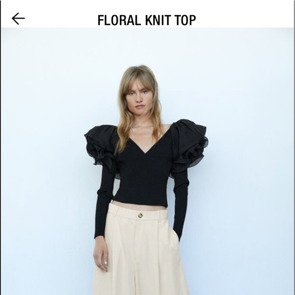 ZARA Limited Edition Black Dramatic Tulle Sleeve Floral Wrap Sweater Top - Picture 7 of 7